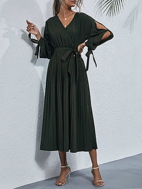 Women's Clothing Dresses | Maxi Dress V-Neck Long Sleeves Polyester Layered Cut-Outs Lace Up Pleated Hunter Green Long Dress - M