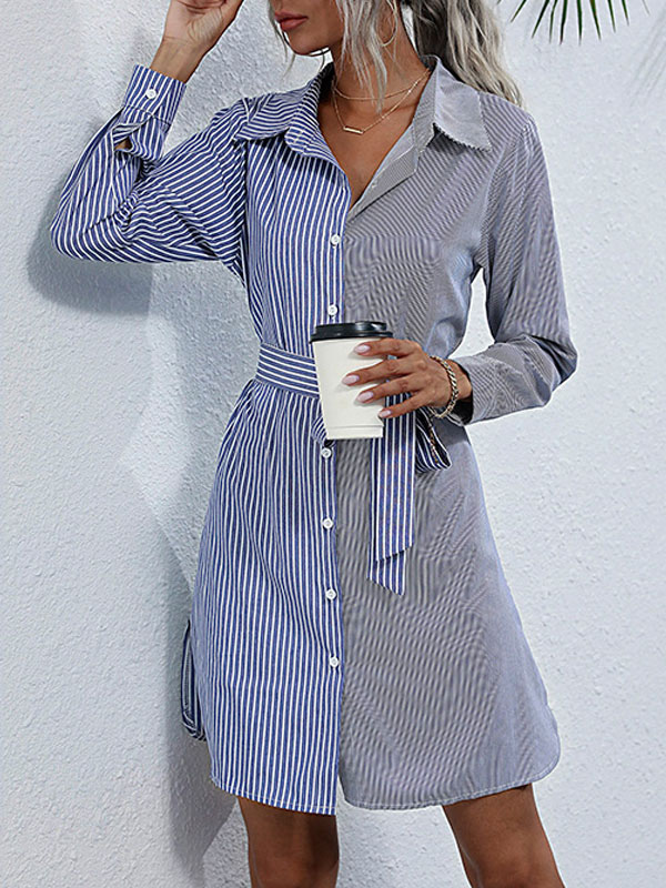 Women's Clothing Dresses | Shirt Dresses Blue Turndown Collar Lace Up Long Sleeves Polyester Stripes Layered Midi Dress - GN4158