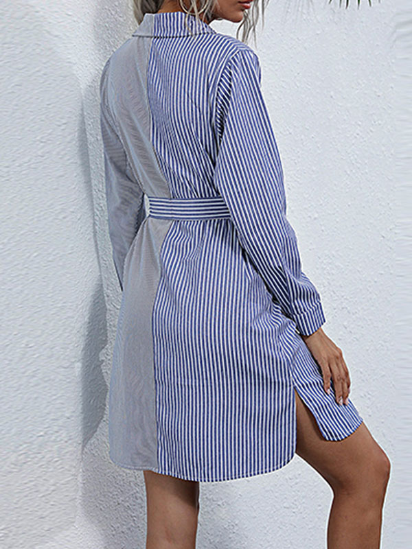 Women's Clothing Dresses | Shirt Dresses Blue Turndown Collar Lace Up Long Sleeves Polyester Stripes Layered Midi Dress - GN4158