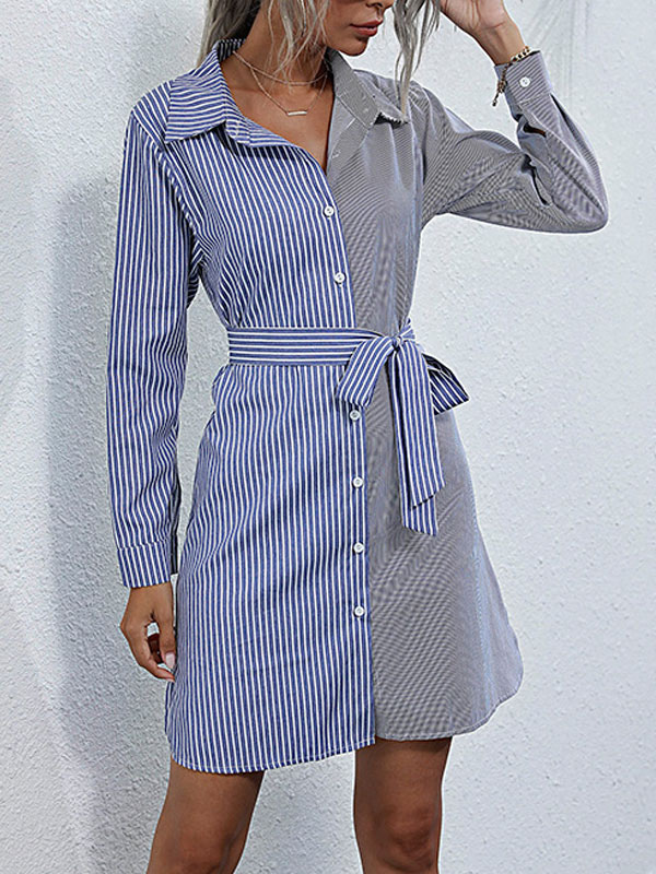 Women's Clothing Dresses | Shirt Dresses Blue Turndown Collar Lace Up Long Sleeves Polyester Stripes Layered Midi Dress - HD92743