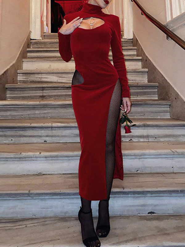 Women's Clothing Dresses | Bodycon Dresses Red High Collar Cut Out Layered Long Sleeves High Slit Pencil Dress - YK08137