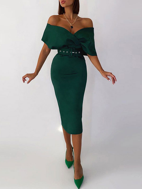 Moda Mujer Vestidos | Vestidos ajustados Verde oscuro Mangas cortas Cremallera Vestido ajustado con cuello en V sexy Vestido ajustado Vestido de tubo - ZR83932