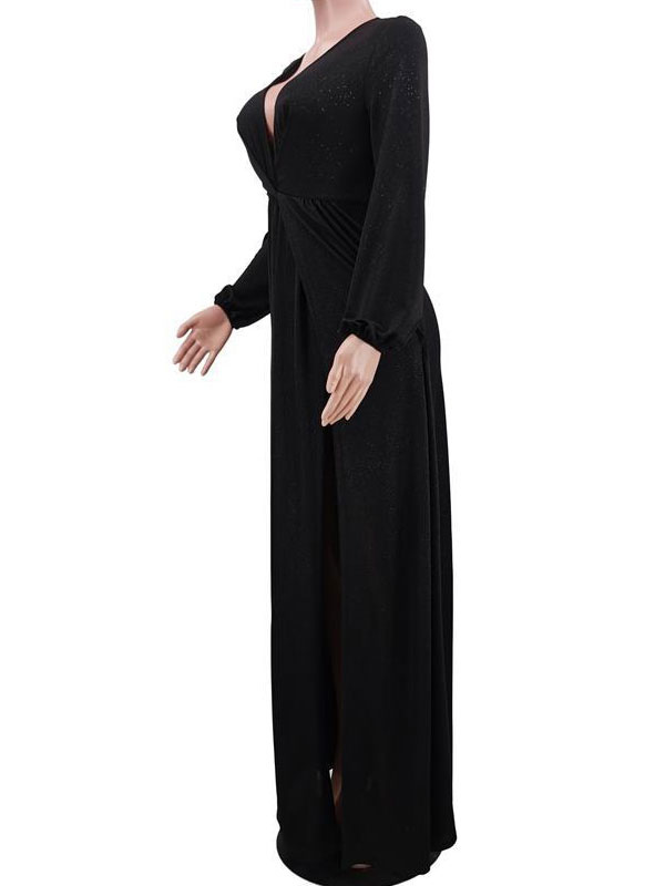 Women's Clothing Dresses | Maxi Dress V-Neck Long Sleeves Polyester Layered Pleated Sexy Floor Length Dress - VD36759