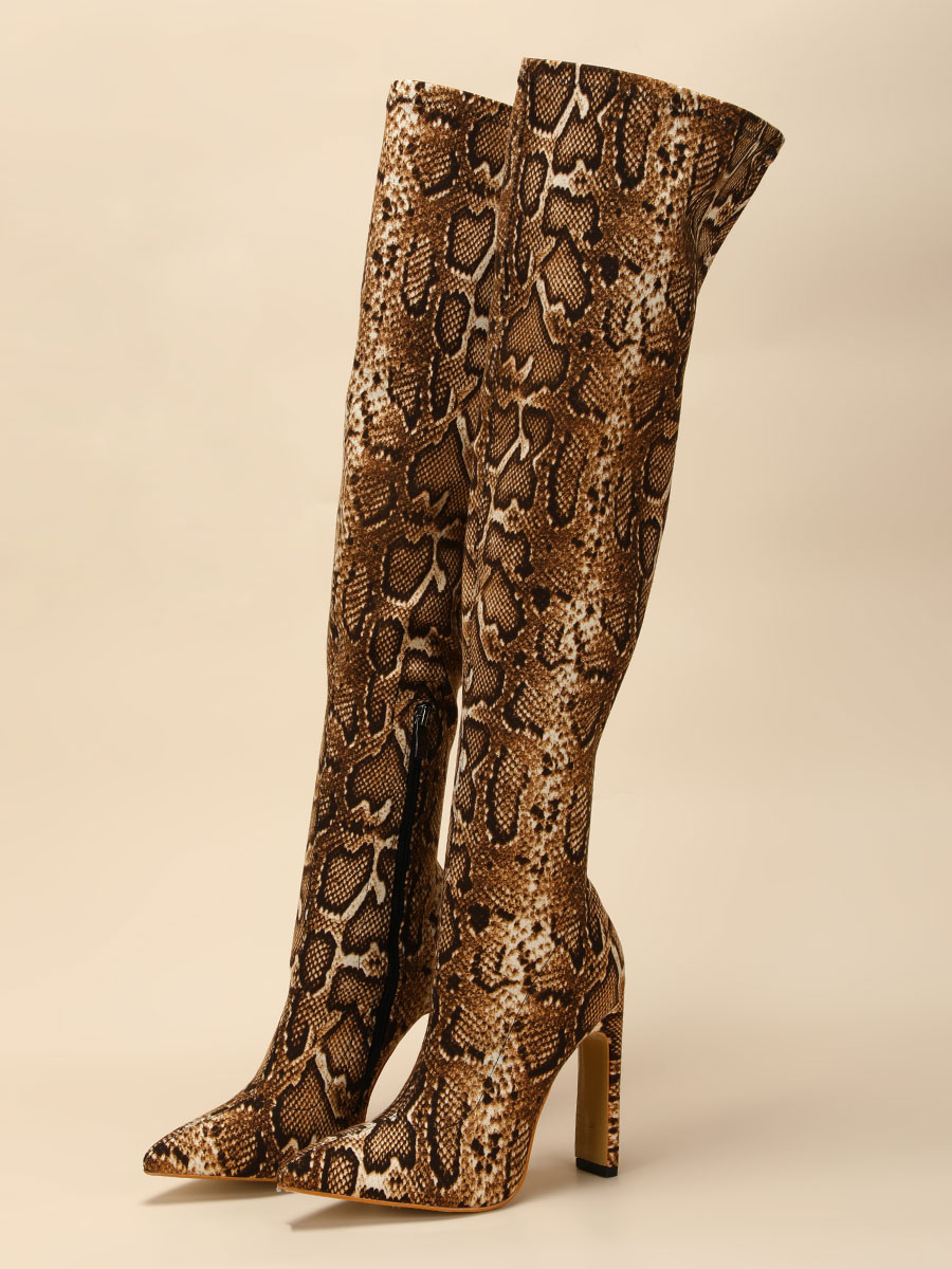 Zapatos de Mujer | Botas sobre la rodilla para mujer Tacón grueso Punta puntiaguda Estampado de serpiente Botas altas de cuero PU hasta el muslo - MC88777