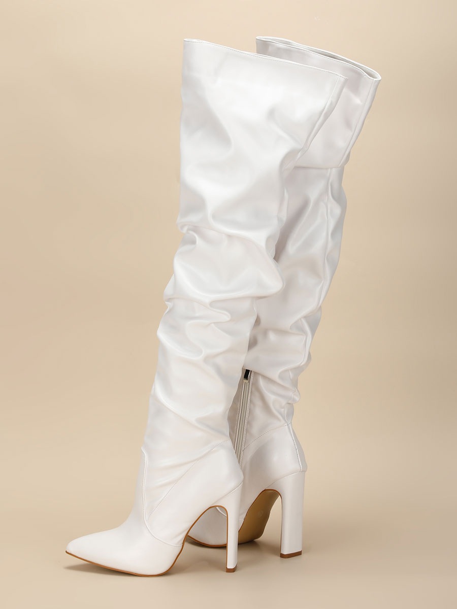 Women Over The Knee Boots Chunky Heel Pointed Toe PU Leather White ...