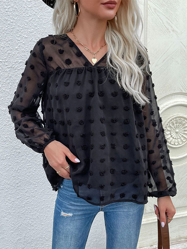Moda Mujer Tops | Blusa negra para mujeres con cuello en V manga larga poliéster sexy verano camiseta - DM04158