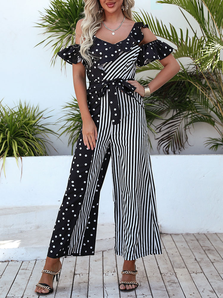 Women's Clothing Jumpsuits & Rompers | Black Jumpsuit Polka Dot Straps V-Neck Bows Open Shoulder Polyester Jumpsuits For Women -