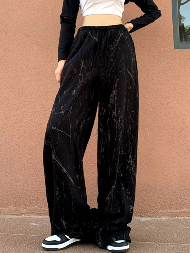 Women's Clothing Women's Bottoms | Women Straight Pants Black Pockets Polyester Raised Waist Printed Wide Trousers - IP09771