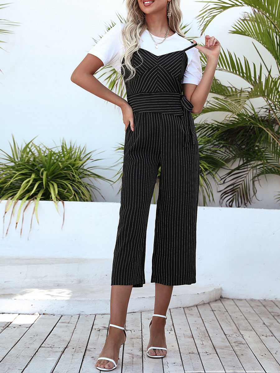 Women's Clothing Jumpsuits & Rompers | Black Jumpsuit Stripes Straps V-Neck Sleeveless Bows Open Shoulder Polyester Jumpsuits Fo