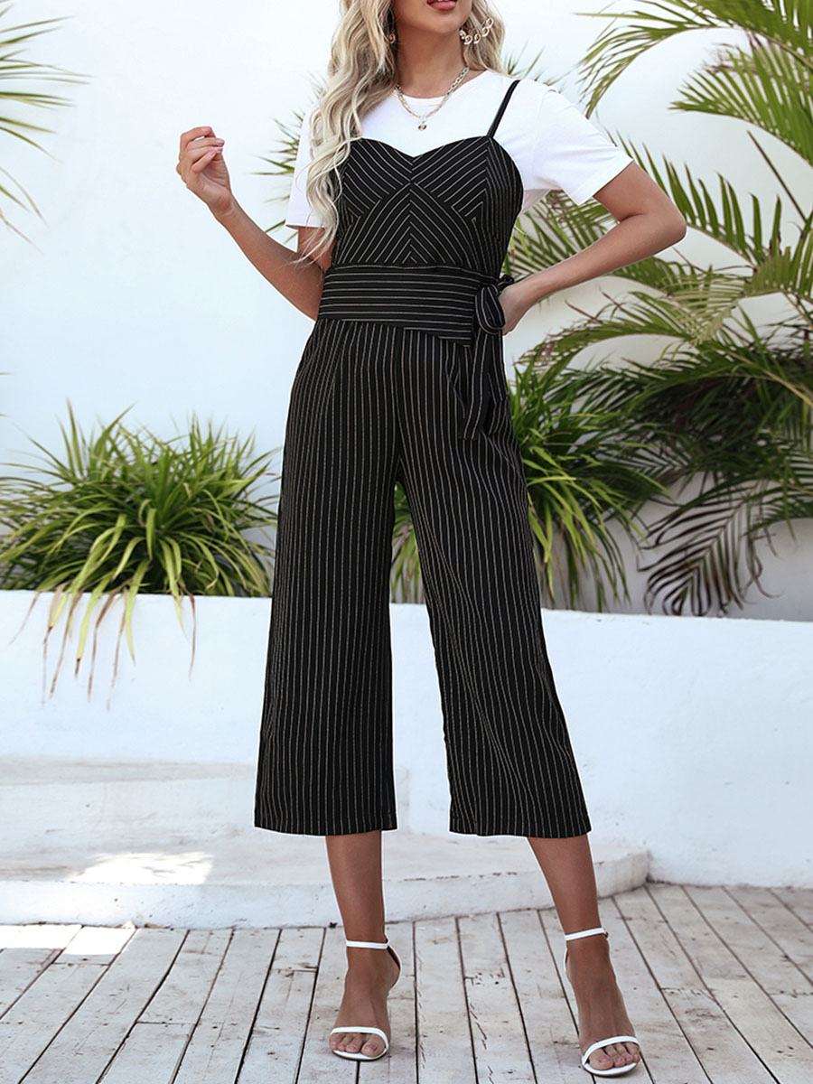 Women's Clothing Jumpsuits & Rompers | Black Jumpsuit Stripes Straps V-Neck Sleeveless Bows Open Shoulder Polyester Jumpsuits For Women - GF33392