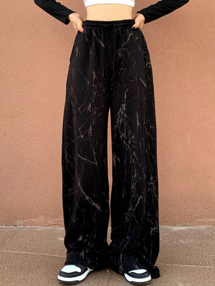 Moda Mujer Mujeres Botones | Pantalones rectos de las mujeres bolsillos negros de poliéster levantado cintura impresa pantalones anchos - AW84338