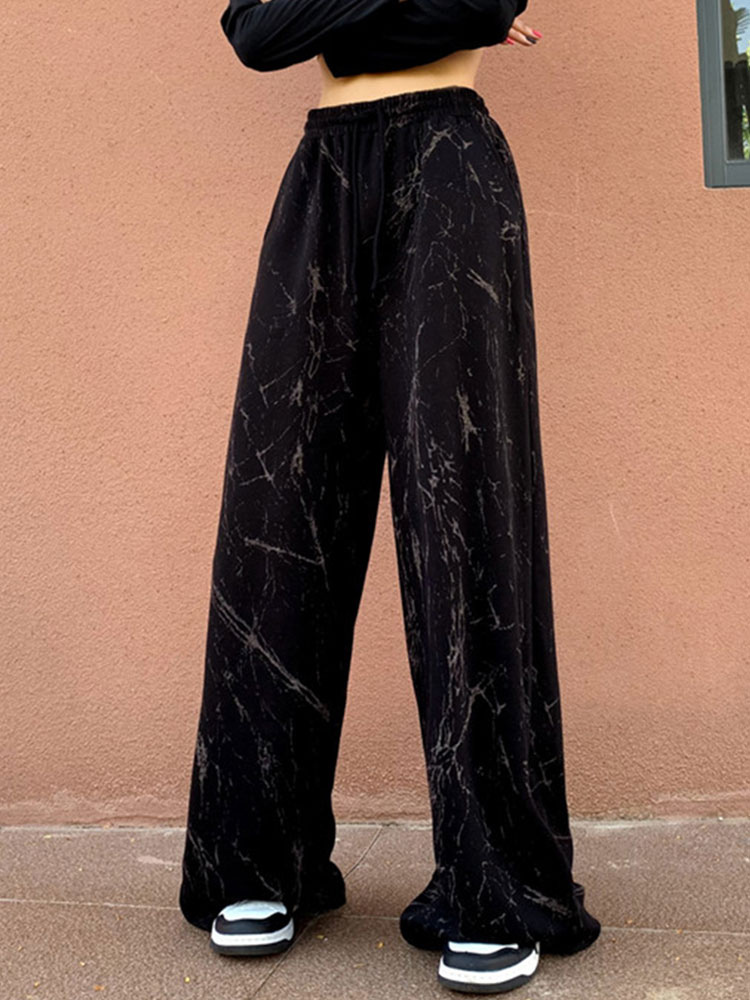 Women's Clothing Women's Bottoms | Women Straight Pants Black Pockets Polyester Raised Waist Printed Wide Trousers - IP09771