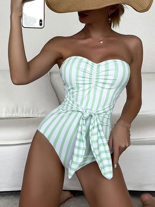 Women's Clothing Swimsuits & Cover-Ups | Monokini Swimsuits Pink Stripes Pattern Lace Up Halter Beach Bathing Suits For Women - GH79862