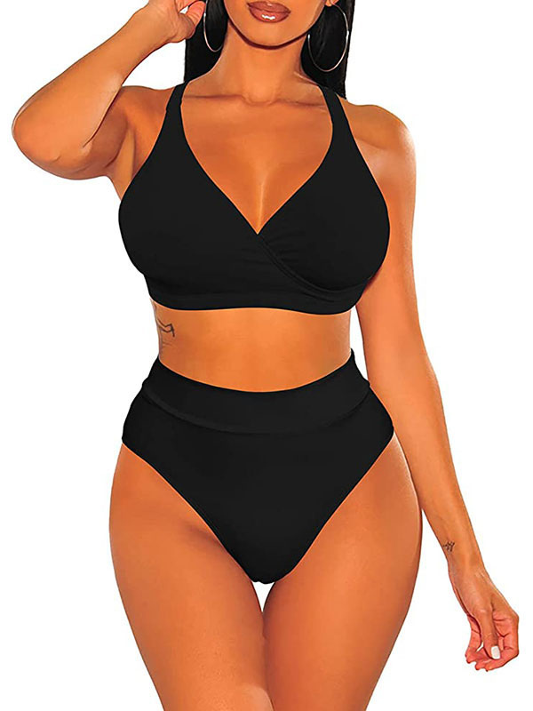Women's Clothing Swimsuits & Cover-Ups | Cross Back Banded Halter Sexy Bikini Top With High Waisted Cheeky Bathing Suits For Women In Black - GW77657