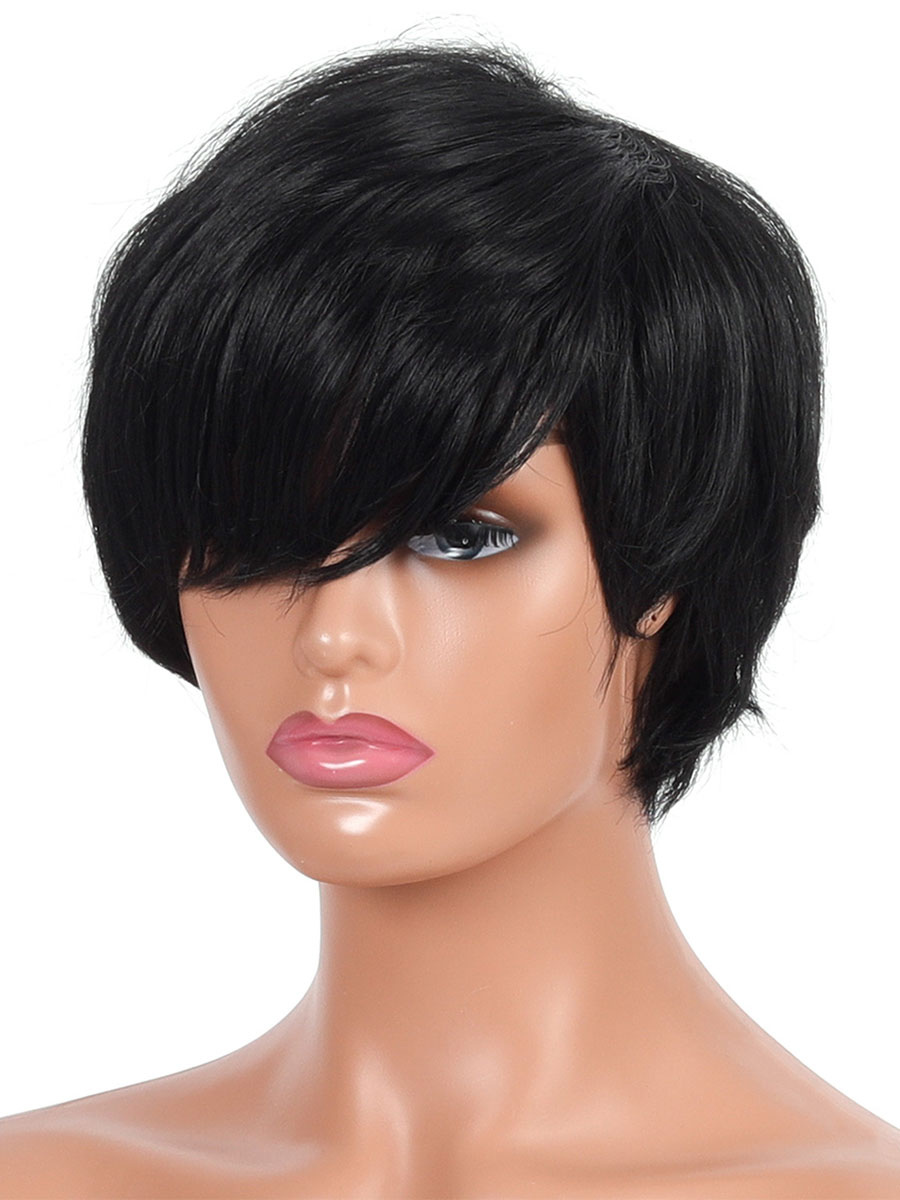 Women's Clothing Accessories | Synthetic Wigs Black Side Parting Heat Resistant Fiber Short Wig For Women - ZE98024