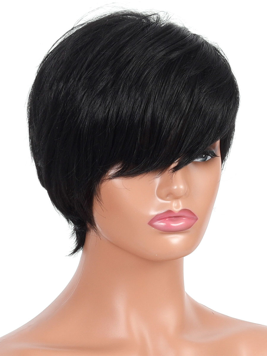 Women's Clothing Accessories | Synthetic Wigs Black Side Parting Heat Resistant Fiber Short Wig For Women - ZE98024