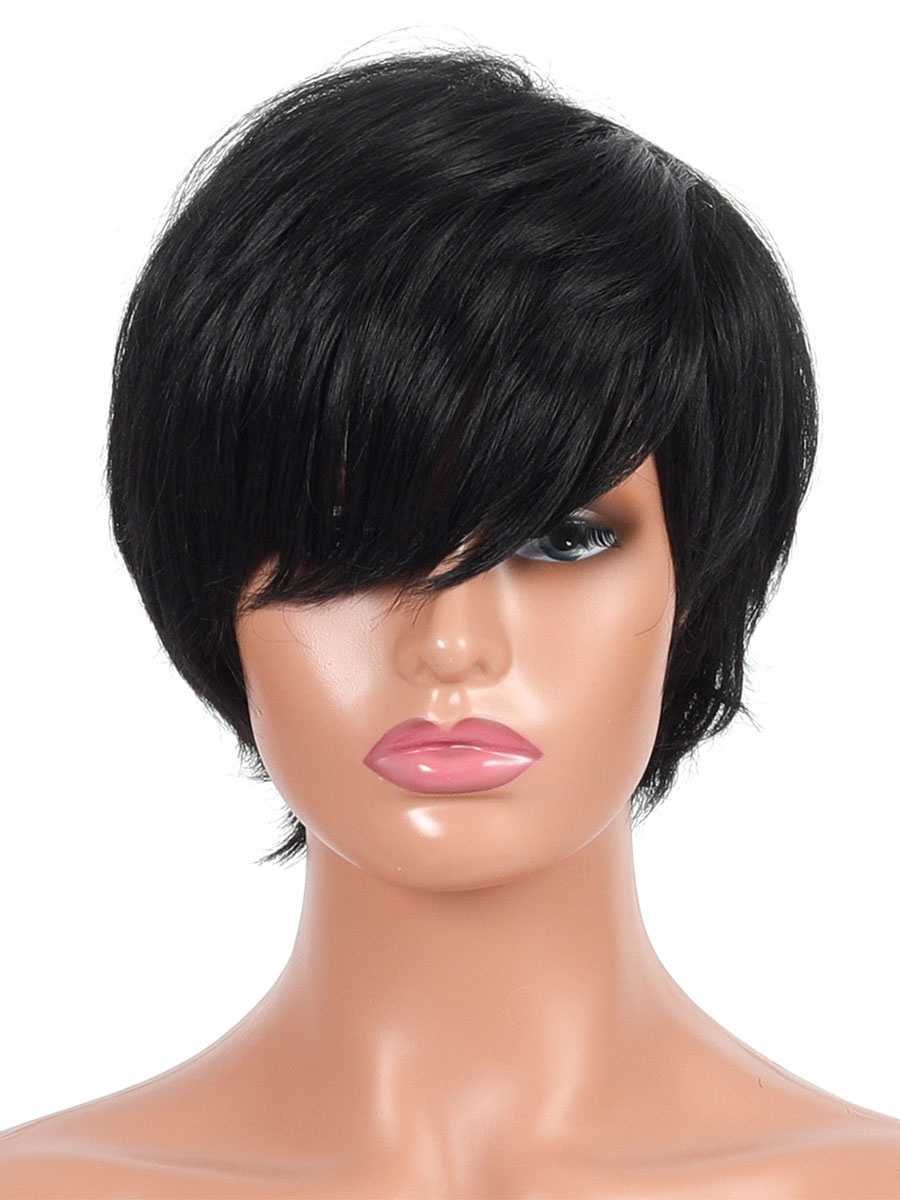 Women's Clothing Accessories | Synthetic Wigs Black Side Parting Heat Resistant Fiber Short Wig For Women - ZE98024