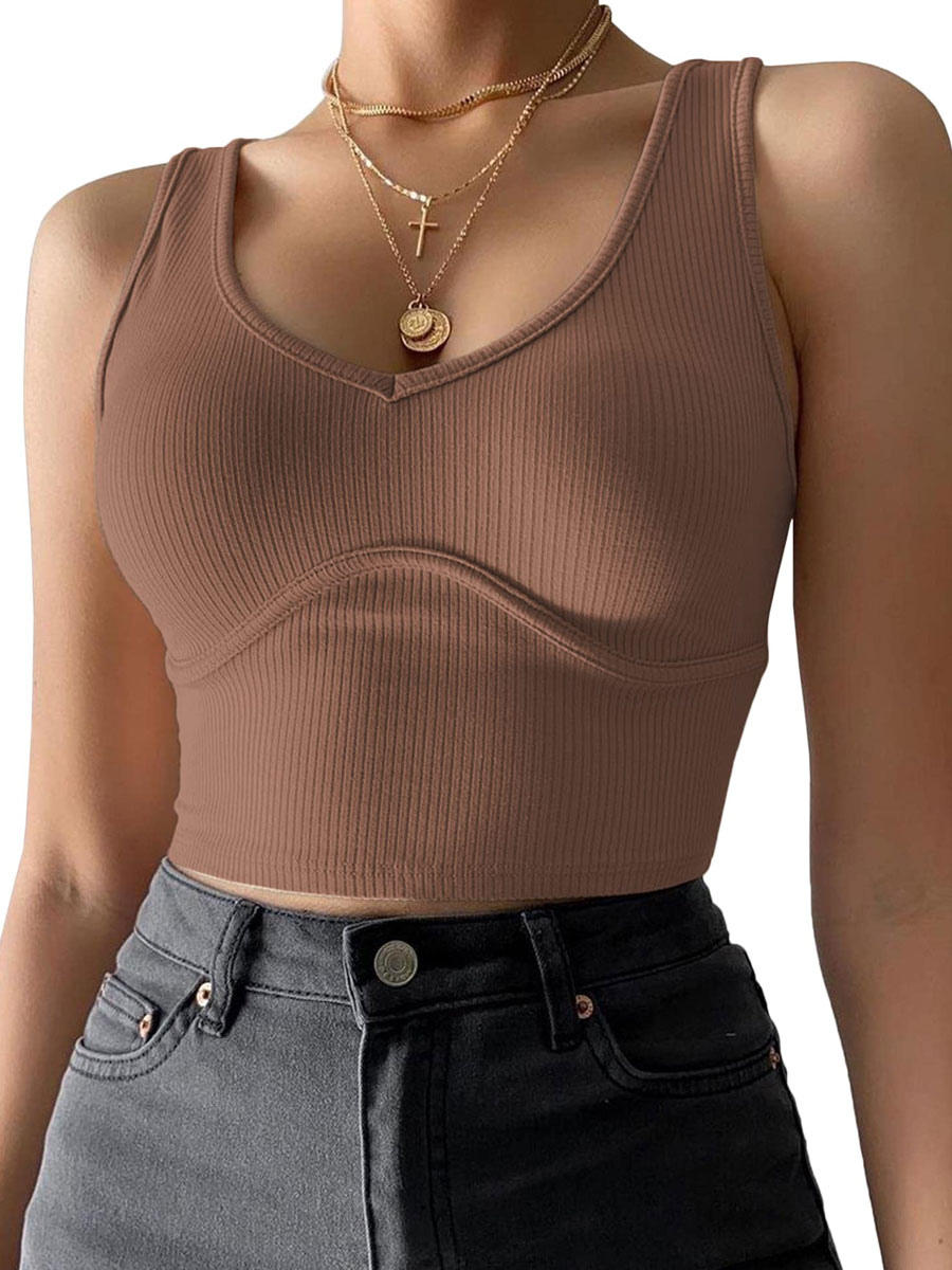 Women's Clothing Tops | Apricot Cami Top V-Neck Polyester Sleeveless Athletic Women Camis - HM94493