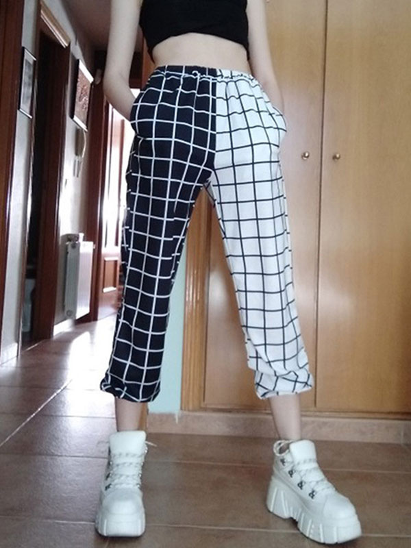 Women's Clothing Women's Bottoms | Straight Pants Black White Polyester Wrap Waist Plaid Harem Trousers - RI19164