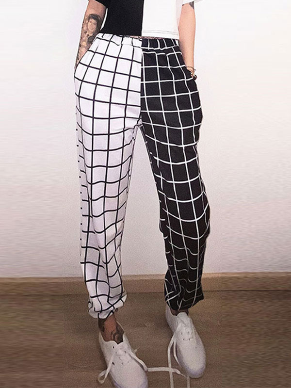 Women's Clothing Women's Bottoms | Straight Pants Black White Polyester Wrap Waist Plaid Harem Trousers - RI19164