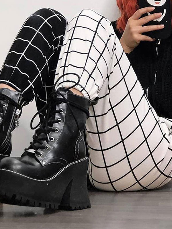 Women's Clothing Women's Bottoms | Straight Pants Black White Polyester Wrap Waist Plaid Harem Trousers - RI19164