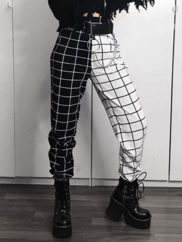 Women's Clothing Women's Bottoms | Straight Pants Black White Polyester Wrap Waist Plaid Harem Trousers - RI19164