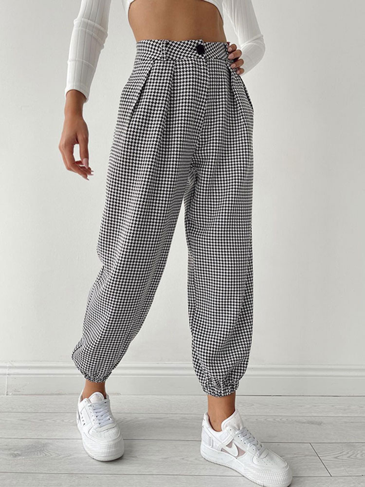 Women's Clothing Women's Bottoms | White Pants Buttons Polyester Natural Waist Plaid Harem Trousers - KY07059