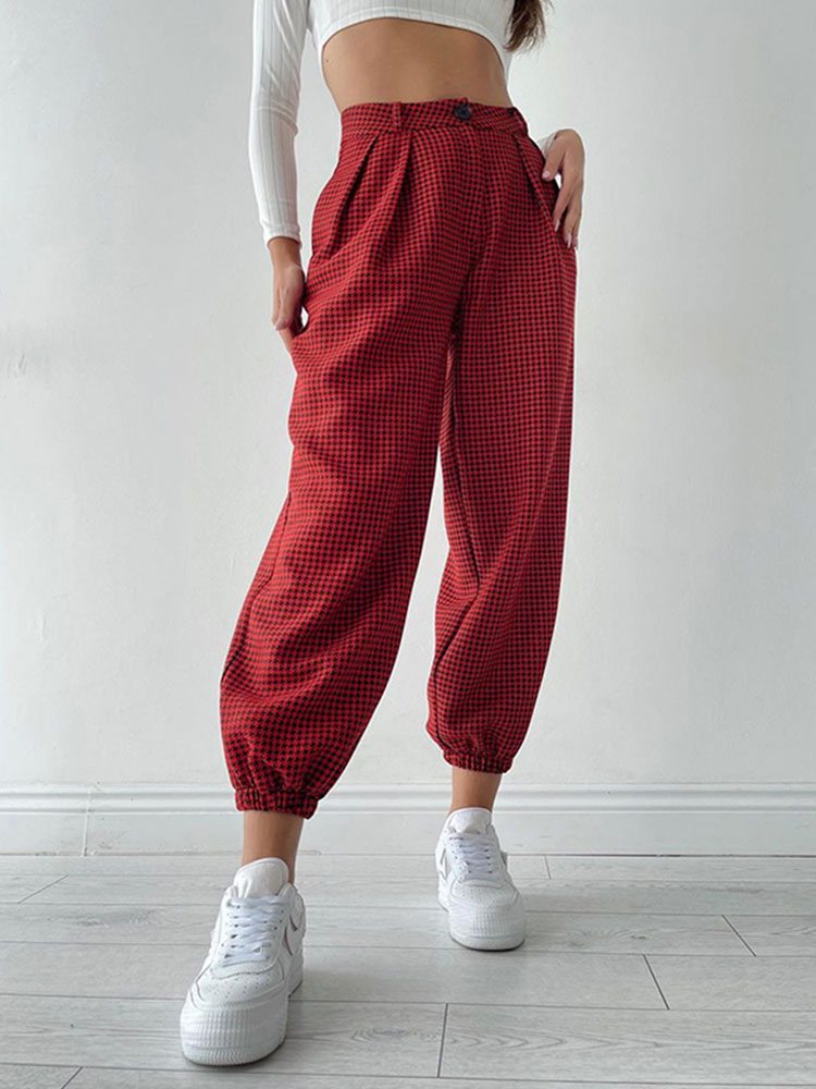 Women's Clothing Women's Bottoms | White Pants Buttons Polyester Natural Waist Plaid Harem Trousers - KY07059
