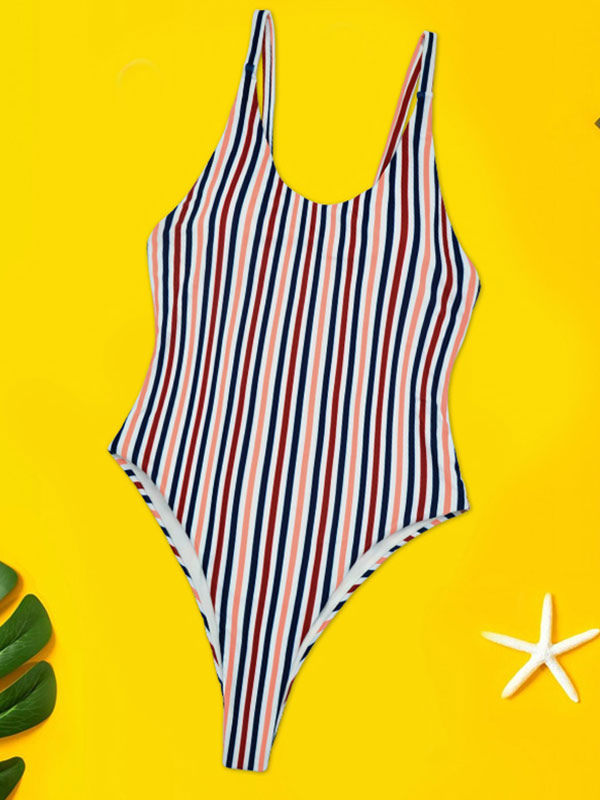 Women's Clothing Swimsuits & Cover-Ups | Monokini Swimsuits Pink Stripes Pattern Strap Neck Two Piece Sets - GT87819