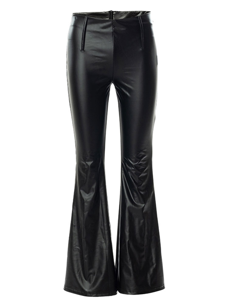 Women's Clothing Women's Bottoms | Women Long Pants Black PU Leather Raised Waist Flared Trousers - JT78548