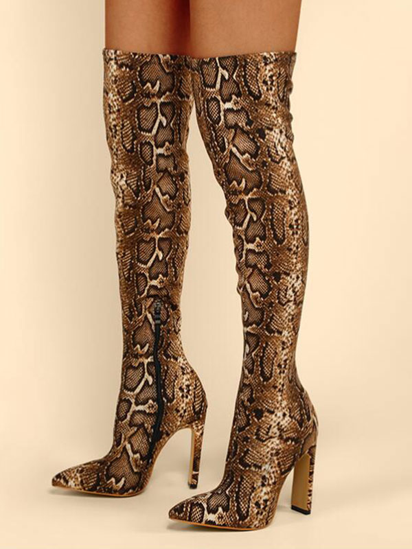Enten Extractie erotisch Women Over The Knee Boots Stiletto Heel Pointed Toe Leopard Print Elastic  Fabric Thigh High Boots - Milanoo.com