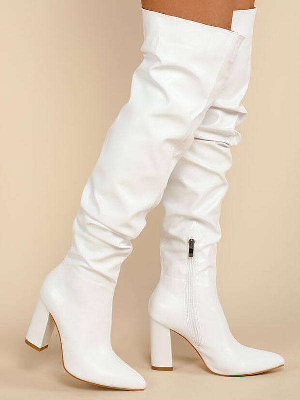 Zapatos de Mujer | Mujeres sobre las botas de la rodilla tacón de aguja puntiagudo puntiagudo PU cuero blanco muslo alto botas altas - TI48359
