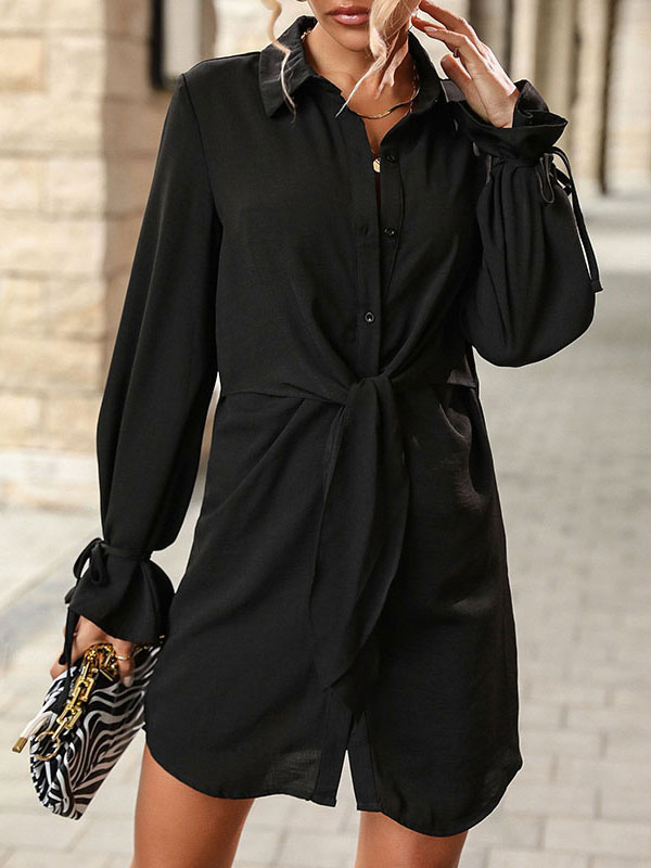 Women's Clothing Dresses | Mini Dresses Black Long Sleeves Turndown Collar Polyester Short Shirt Dress - JG32917