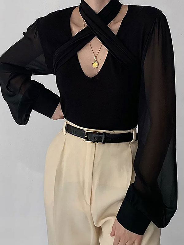 Women's Clothing Tops | Sexy Blouse For Women V Neck Long Sleeves Polyester Summer Black T Shirt - ZN15574