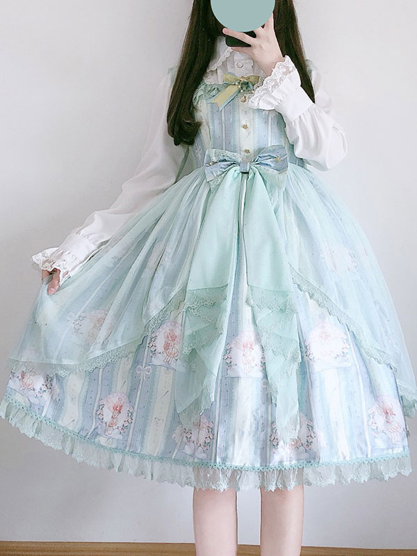 Costumes Lolita | Sweet Lolita JSK Dress Lace Bows Ruffles Polyester Sleeveless Green Lolita Jumper Skirt - HZ83229