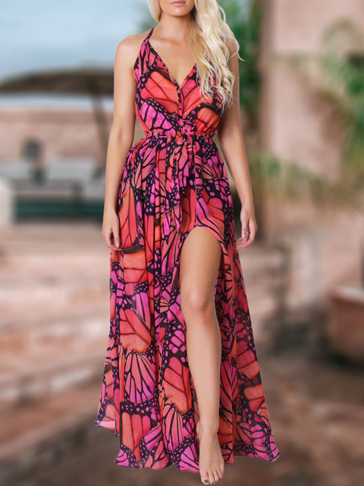 Women's Clothing Dresses | Maxi Dress Spaghetti Straps Neck Sleeveless Polyester High Slit Casual Animal Print Summer Long Dress