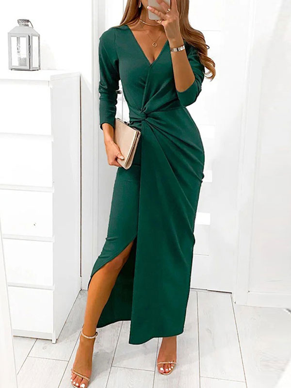 Women's Clothing Dresses | Maxi Dress Burgundy V Neck Long Sleeves Polyester Pleated Split Floor Length Dress - JW78743