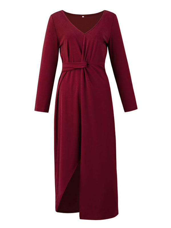 Women's Clothing Dresses | Maxi Dress Burgundy V Neck Long Sleeves Polyester Pleated Split Floor Length Dress - JW78743