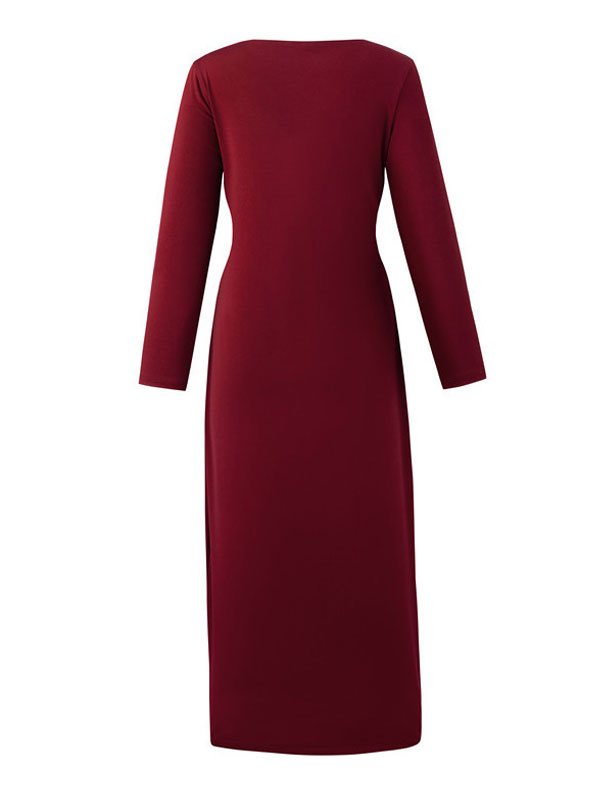 Women's Clothing Dresses | Maxi Dress Burgundy V Neck Long Sleeves Polyester Pleated Split Floor Length Dress - JW78743