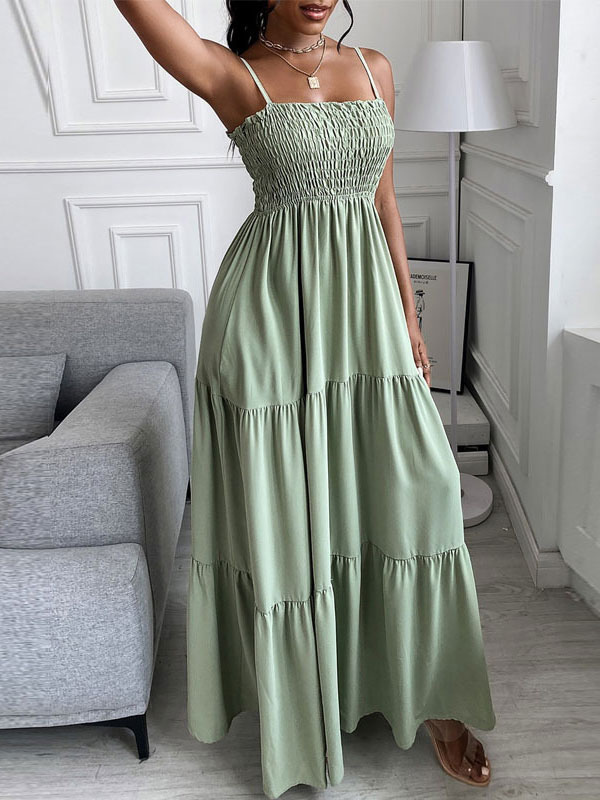 Women's Clothing Dresses | Maxi Dress Green Straps Neck Sleeveless Polyester Floral Print Layered Backless Open Shoulder Pleated