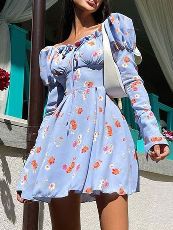 Women's Clothing Dresses | Pink Shirt Dresses Bateau Neck Lace Up Long Sleeves Backless Polyester Floral Print Layered Extra Short Summer Dress - AD35789