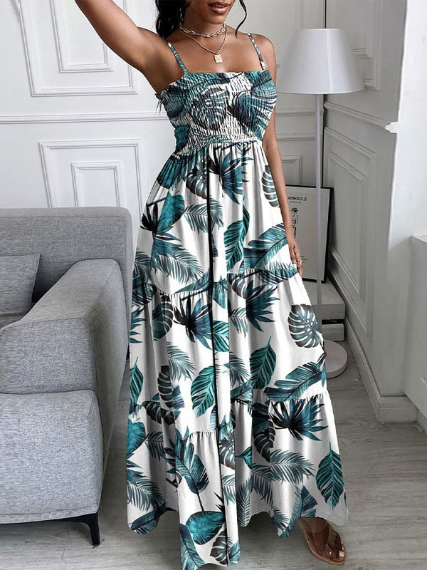 Women's Clothing Dresses | Maxi Dress Green Straps Neck Sleeveless Polyester Floral Print Layered Backless Open Shoulder Pleated