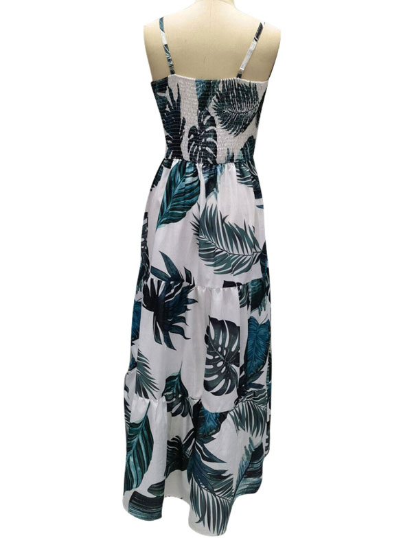 Women's Clothing Dresses | Maxi Dress Green Straps Neck Sleeveless Polyester Floral Print Layered Backless Open Shoulder Pleated