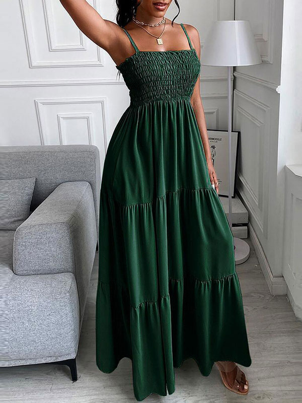 Women's Clothing Dresses | Maxi Dress Green Straps Neck Sleeveless Polyester Floral Print Layered Backless Open Shoulder Pleated