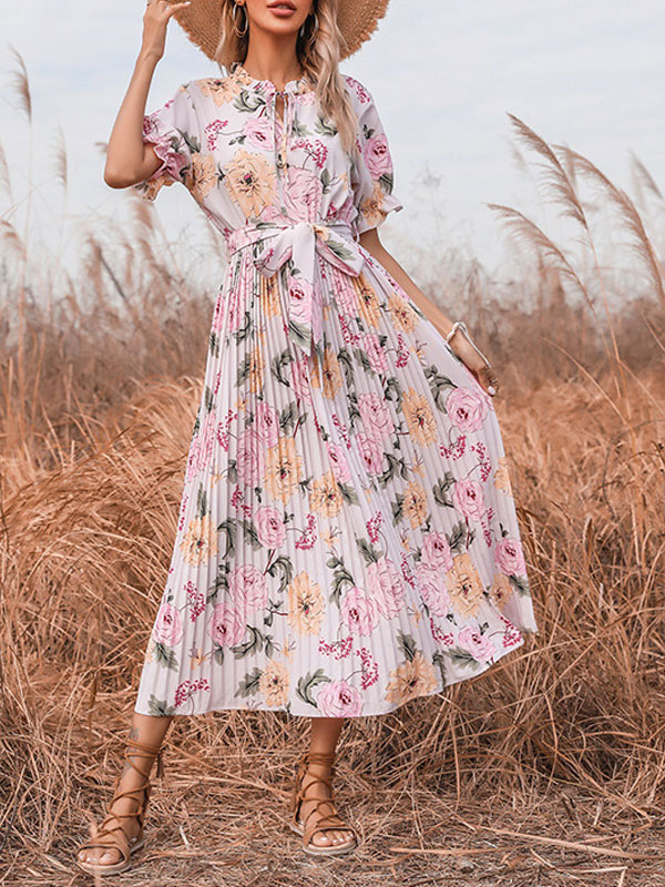 Women's Clothing Dresses | Long Skater Dresses Floral Print Polyester V-Neck Lace Up Short Sleeves Pink Bohemian Flared Dress - SL12414