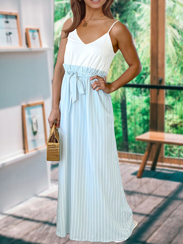 Women's Clothing Dresses | Summer Dress Royal Blue Straps Neck Sleeveless Two-Tone Long Beach Dress - CL82619