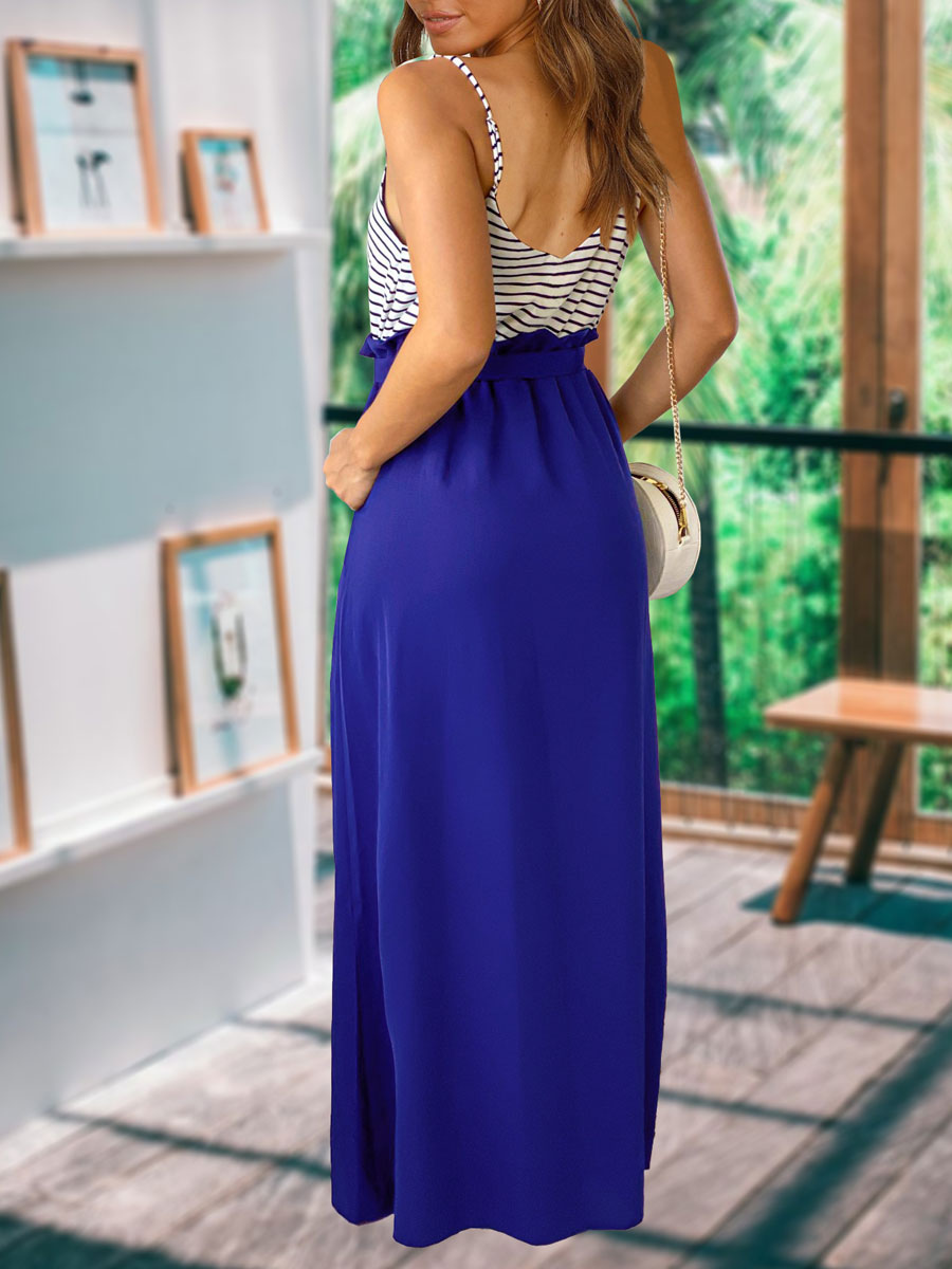 Women's Clothing Dresses | Summer Dress Royal Blue Straps Neck Sleeveless Two-Tone Long Beach Dress - CL82619