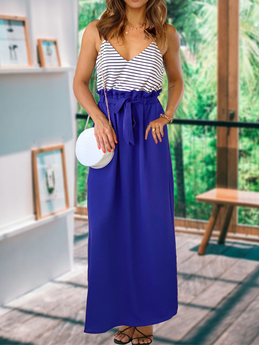 Women's Clothing Dresses | Summer Dress Royal Blue Straps Neck Sleeveless Two-Tone Long Beach Dress - CL82619