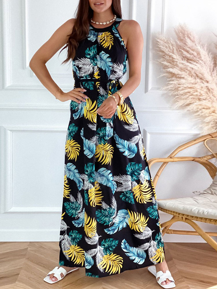 Women's Clothing Dresses | Summer Dress Black Jewel Neck Sleeveless Floral Print Polyester Maxi Beach Dress - MO71067