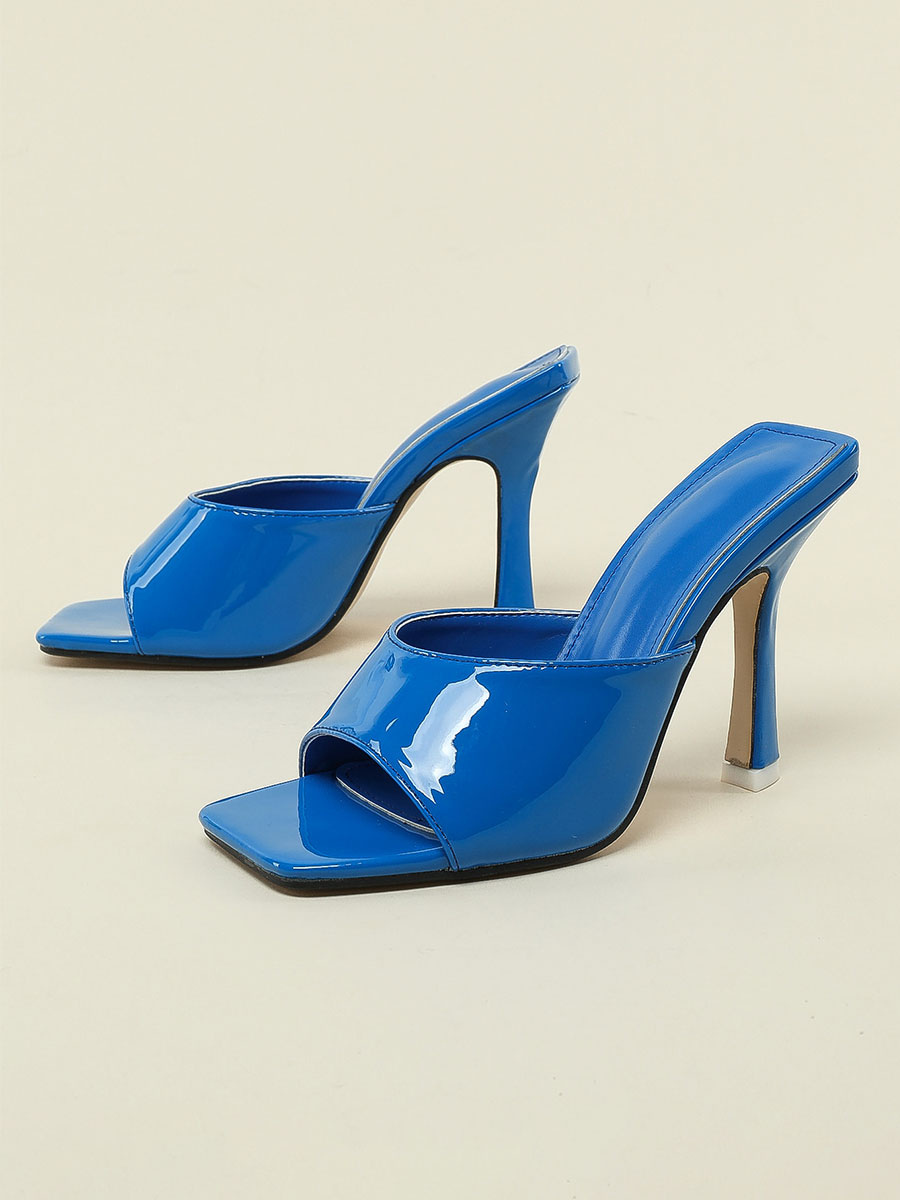 Shoes Women's Shoes | Heeled Mules For Women Stiletto Heel Square Toe Slip On Patent Leather Blue Mules - RK75604
